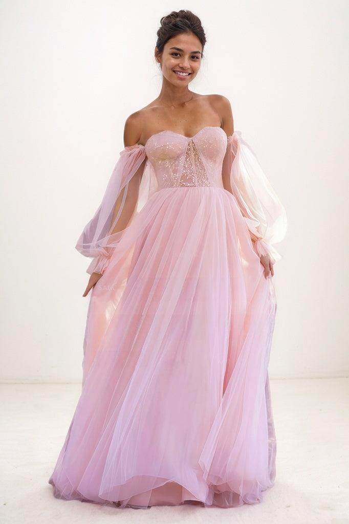 Off-The-Shoulder Long Lantern Sleeves Tulle Prom Dresses CS0776 - COCOMELODY